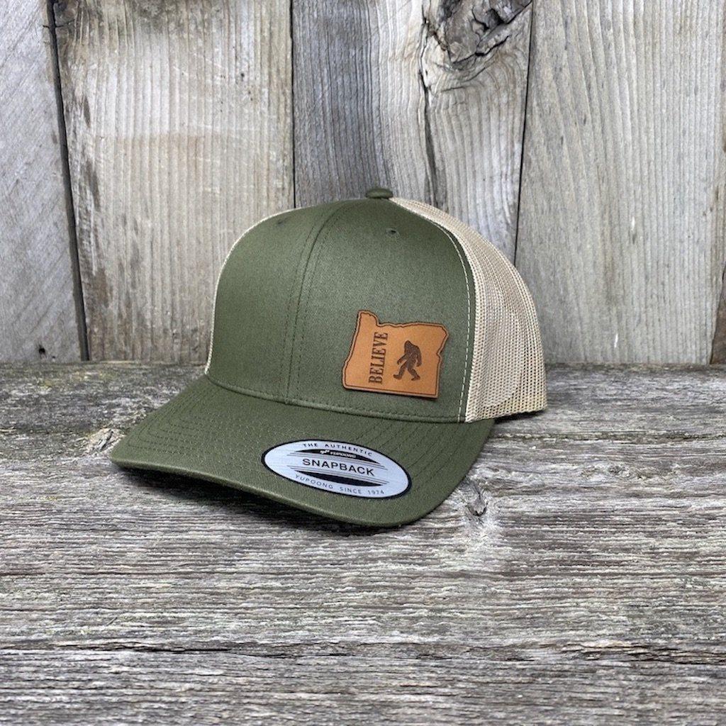 BIGFOOT OREGON LEATHER PATCH HAT FLEXFIT Leather Patch Hats Hells Canyon Designs Loden/Tan