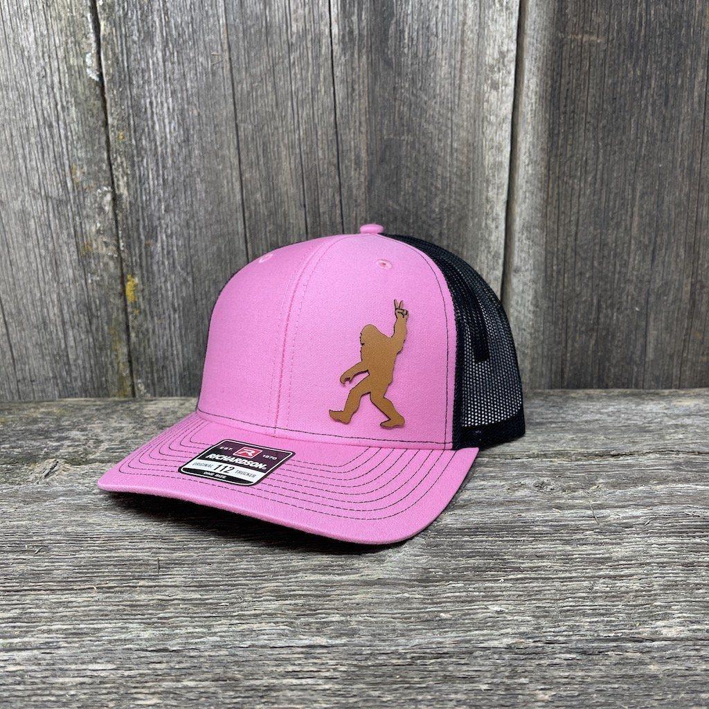 BIGFOOT PEACE SIGN CHESTNUT LEATHER PATCH HAT - RICHARDSON 112 Leather Patch Hats Hells Canyon Designs # Pink/Black
