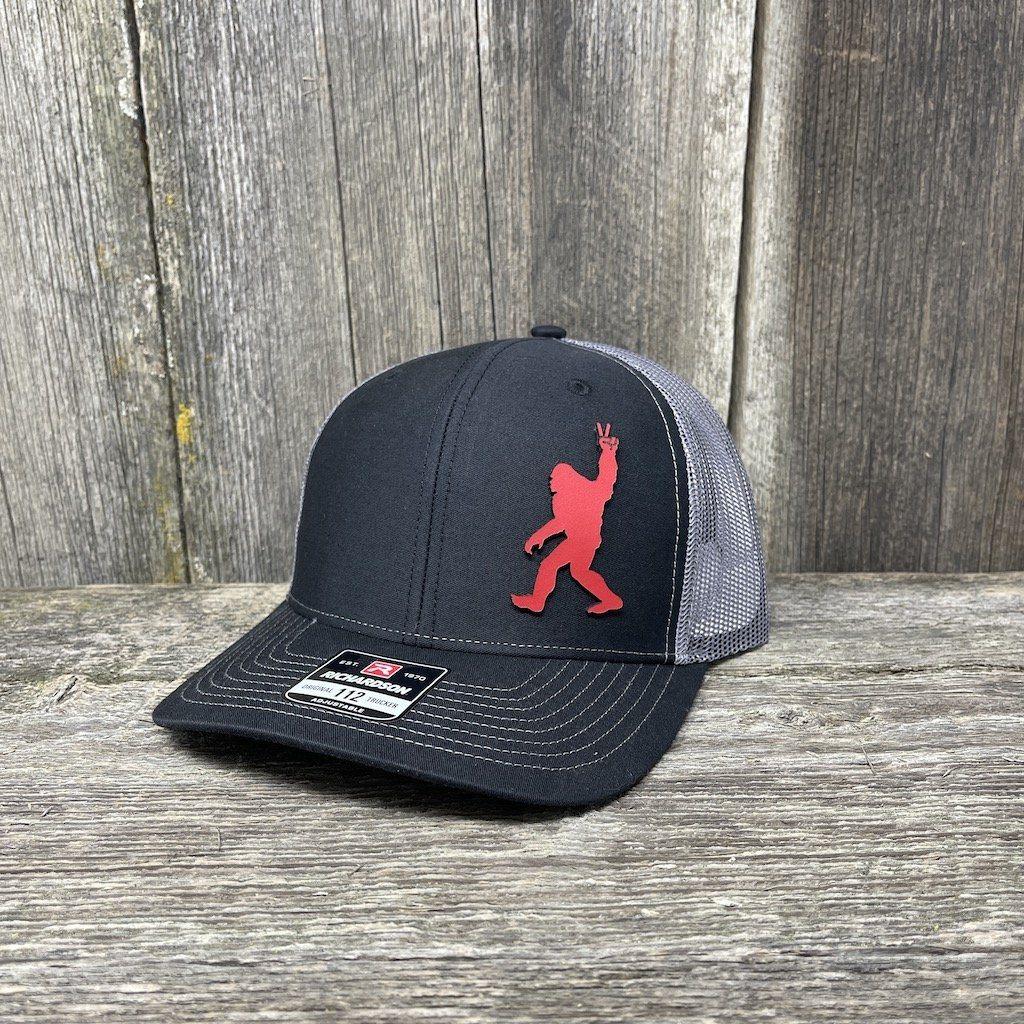 BIGFOOT PEACE SIGN RED LEATHER PATCH HAT - RICHARDSON 112 Leather Patch Hats Hells Canyon Designs # Black/Charcoal