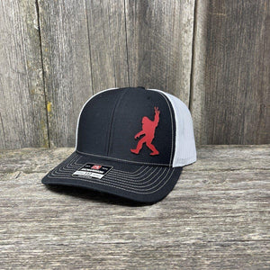 BIGFOOT PEACE SIGN RED LEATHER PATCH HAT - RICHARDSON 112 Leather Patch Hats Hells Canyon Designs # Black/White
