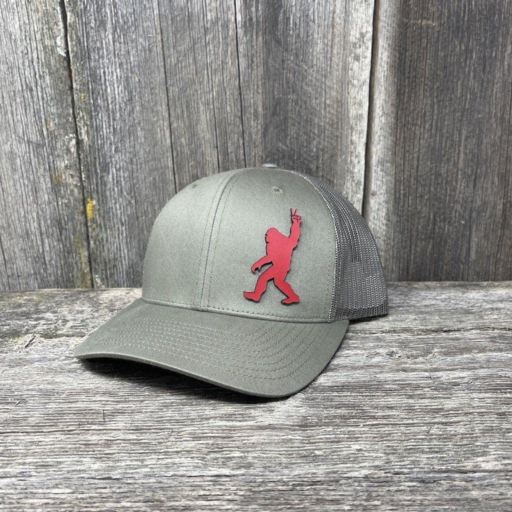 BIGFOOT PEACE SIGN RED LEATHER PATCH HAT - RICHARDSON 112 Leather Patch Hats Hells Canyon Designs # Loden