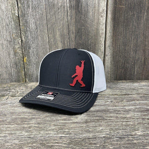BIGFOOT SHAKA RED LEATHER PATCH HAT - RICHARDSON 112 Leather Patch Hats Hells Canyon Designs # Black/White