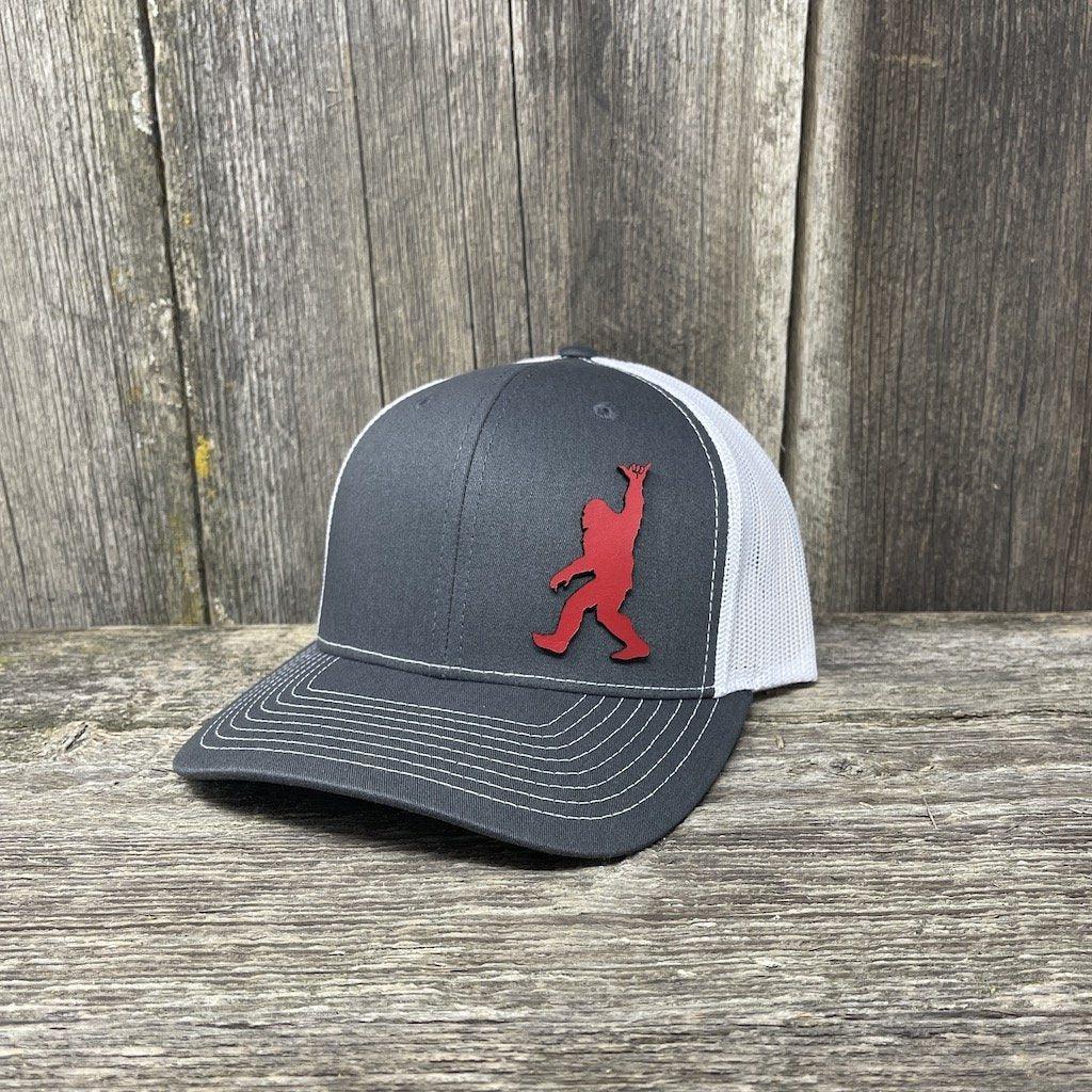 BIGFOOT SHAKA RED LEATHER PATCH HAT - RICHARDSON 112 Leather Patch Hats Hells Canyon Designs # Charcoal/White