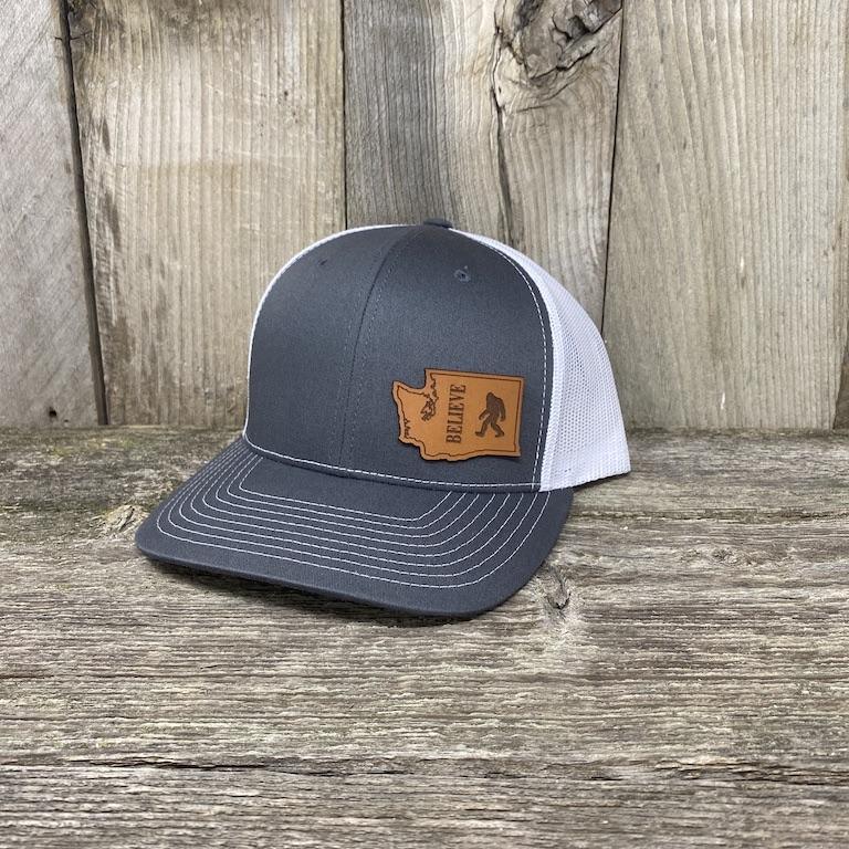 BIGFOOT WASHINGTON LEATHER PATCH HAT RICHARDSON 112 Leather Patch Hats Hells Canyon Designs Grey/White