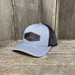 ELK SHED LEATHER PATCH HAT - RICHARDSON 112 Leather Patch Hats Hells Canyon Designs # Heather Grey/Black