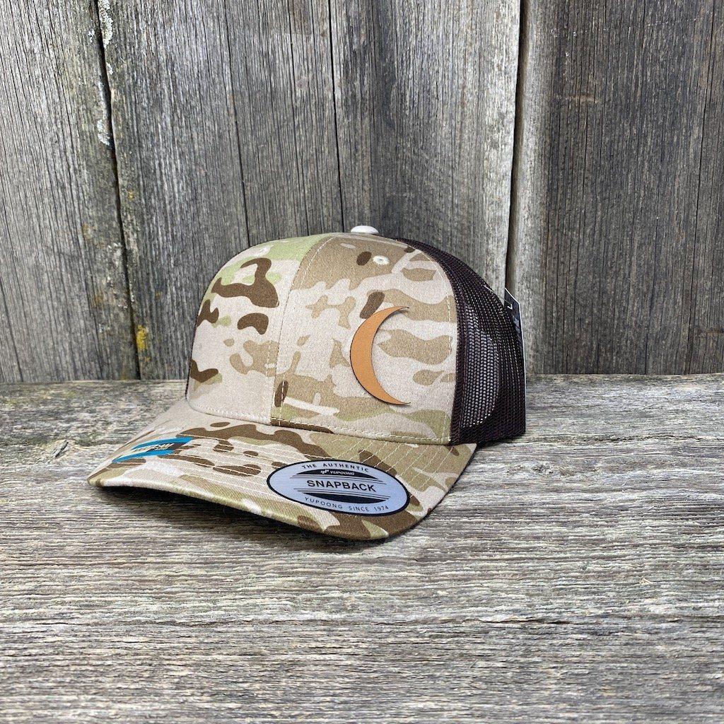 CRESCENT MOON CHESTNUT LEATHER PATCH HAT - FLEXFIT SNAPBACK Leather Patch Hats Hells Canyon Designs # Arid/Brown Multicam