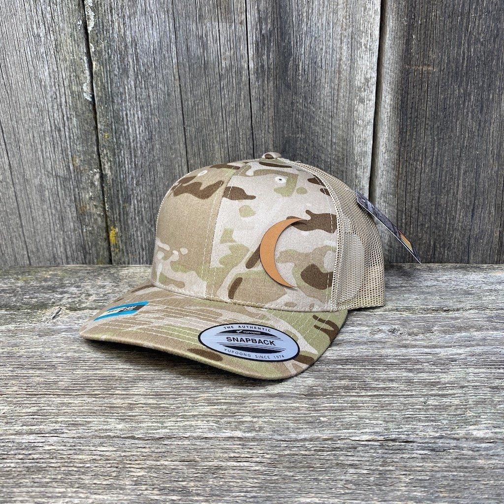CRESCENT MOON CHESTNUT LEATHER PATCH HAT - FLEXFIT SNAPBACK Leather Patch Hats Hells Canyon Designs # Arid/Tan Multicam