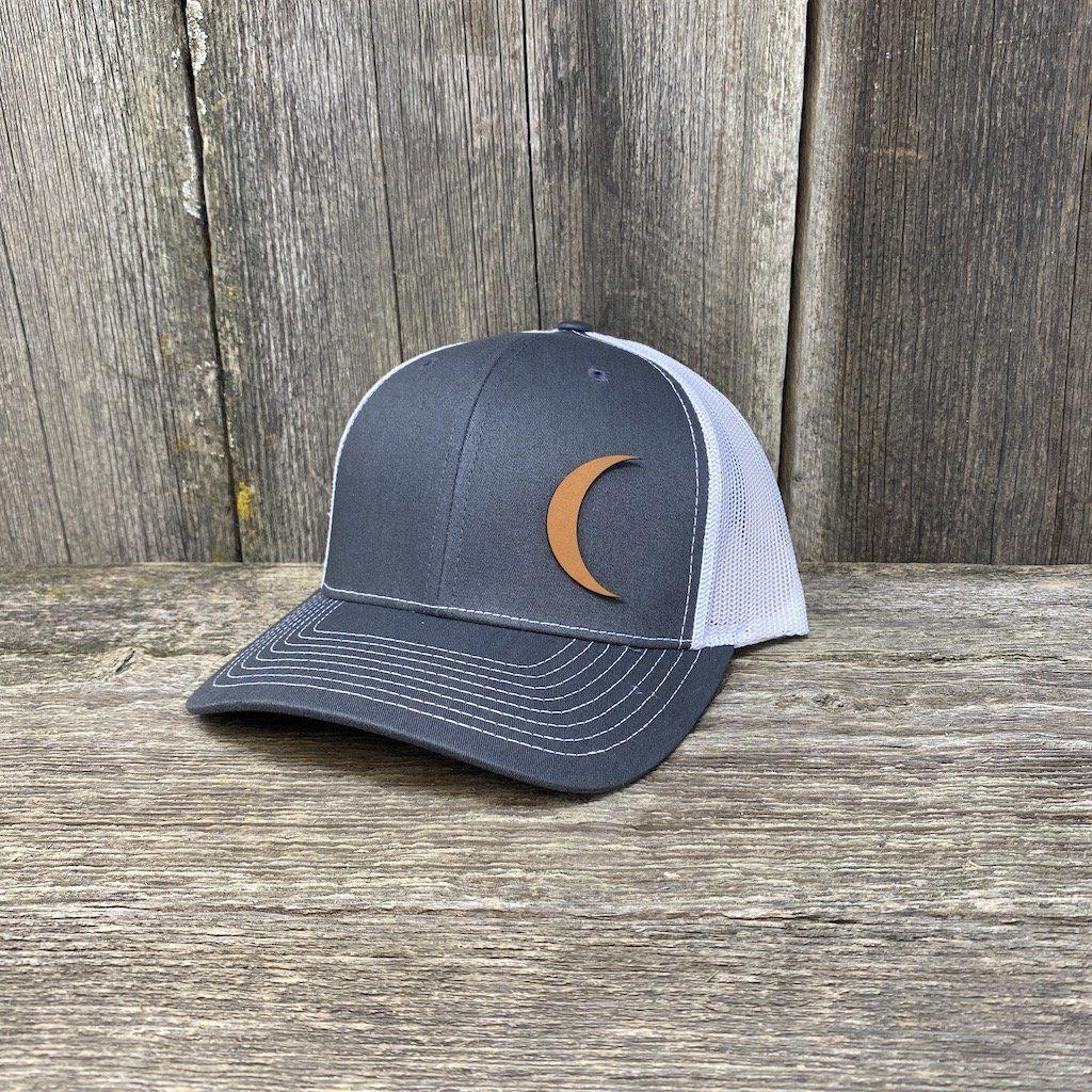 CRESCENT MOON CHESTNUT LEATHER PATCH HAT - RICHARDSON 112 Leather Patch Hats Hells Canyon Designs # Charcoal/White