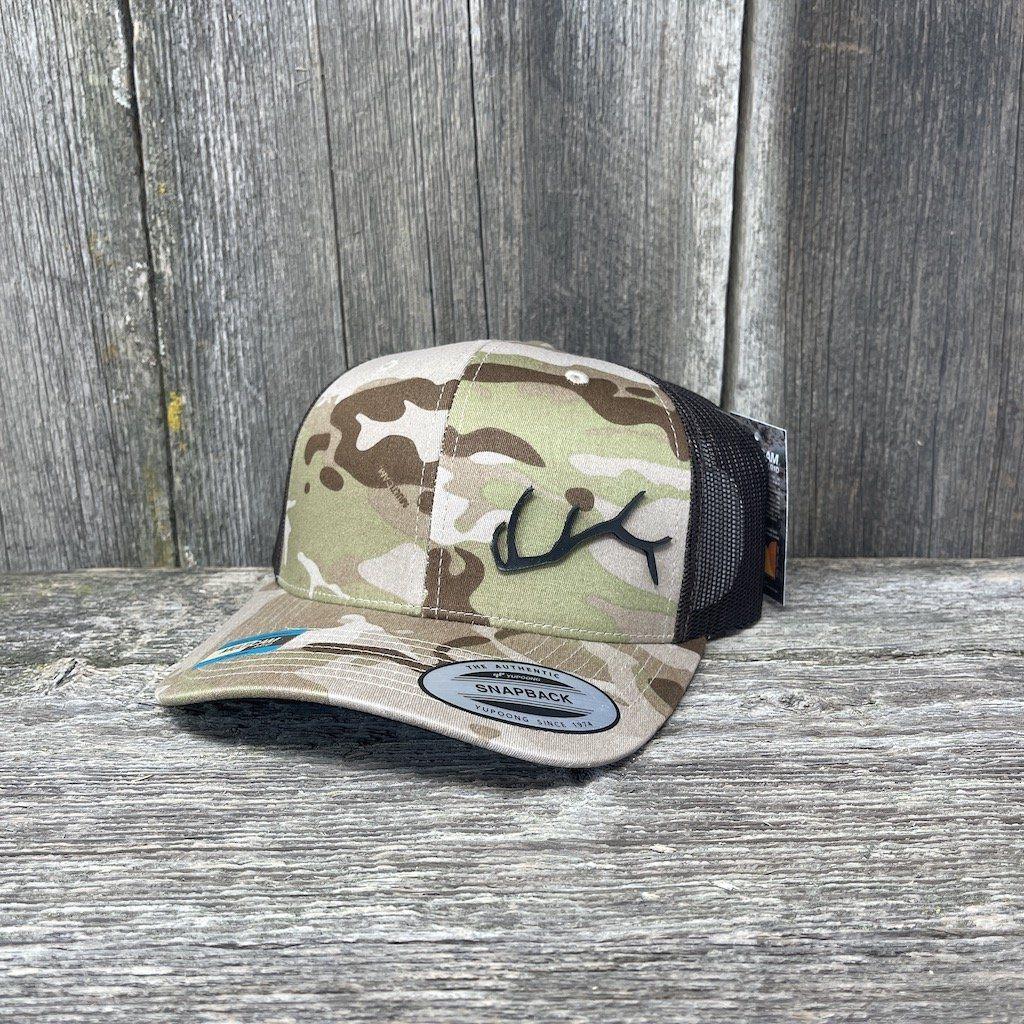 ELK HORN FLEX-FIT CAMO BLACK LEATHER PATCH HAT Leather Patch Hats Hells Canyon Designs # Arid/Brown
