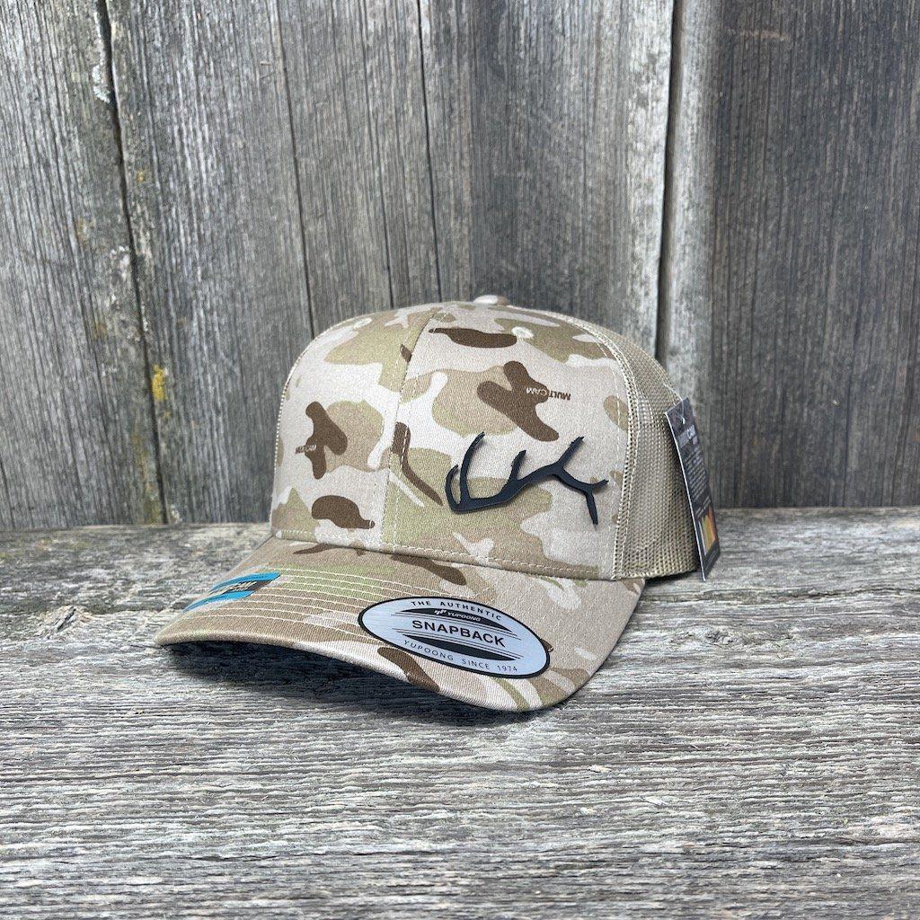 ELK HORN FLEX-FIT CAMO BLACK LEATHER PATCH HAT Leather Patch Hats Hells Canyon Designs # Arid/Tan