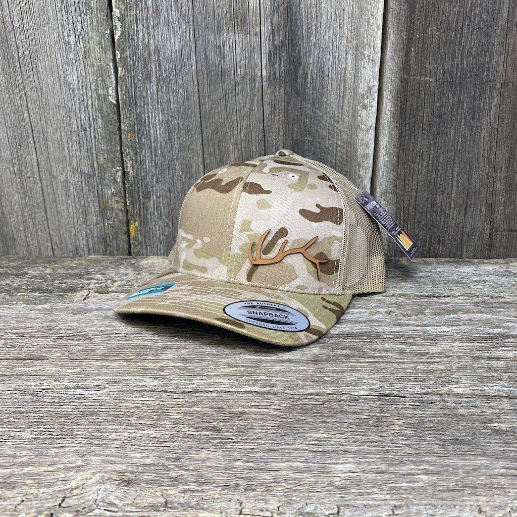 ELK HORN FLEX-FIT CAMO CHESTNUT LEATHER PATCH HAT Leather Patch Hats Hells Canyon Designs # Arid/Tan