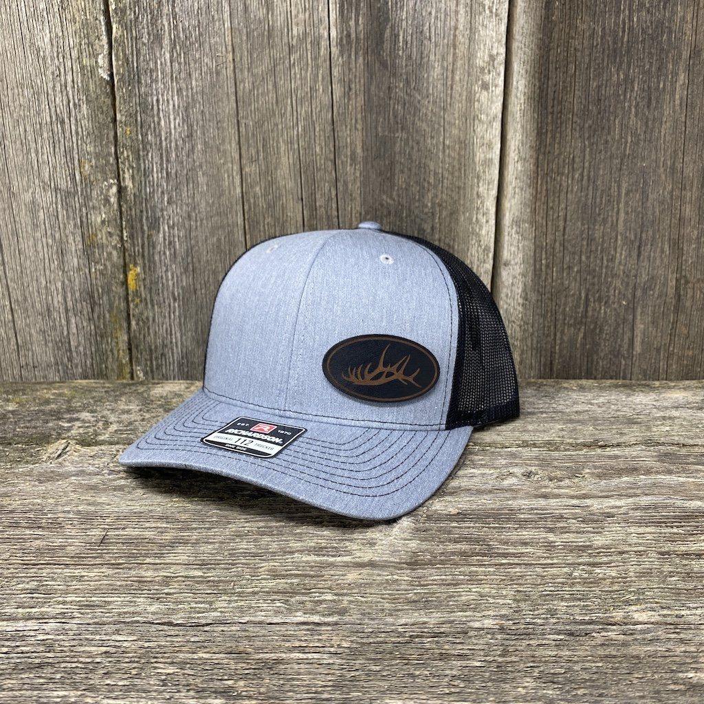 ELK RACK BLACK LEATHER PATCH HAT - RICHARDSON 112 Leather Patch Hats Hells Canyon Designs # Heather Grey/Black