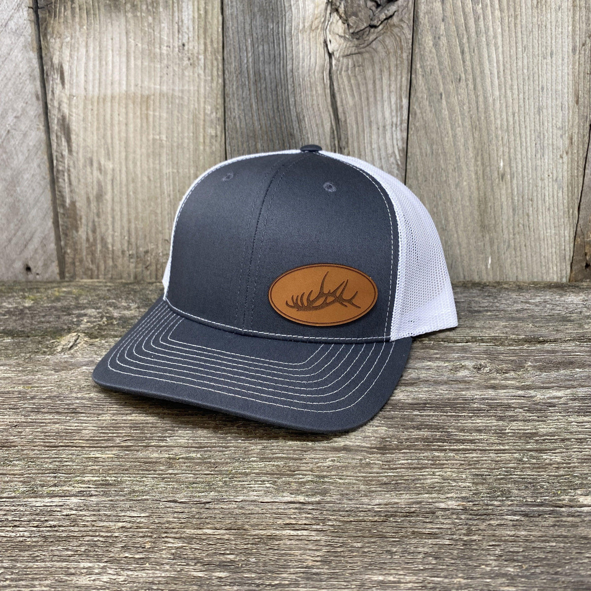 ELK RACK LEATHER PATCH HAT - RICHARDSON 112 Leather Patch Hats Hells Canyon Designs # Charcoal/White