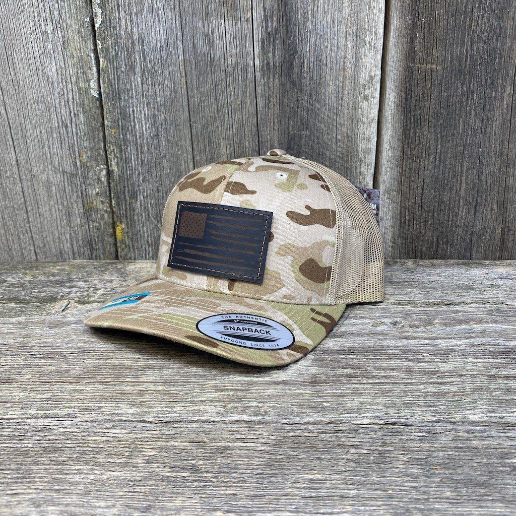 HAND SEWN BLACK DISTRESSED FLAG LEATHER PATCH HAT - FLEXFIT SNAPBACK Leather Patch Hats Hells Canyon Designs Arid/Tan Multi-cam