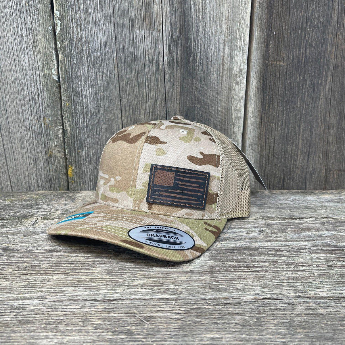 HAND SEWN BLACK DISTRESSED FLAG LEATHER PATCH HAT - FLEXFIT SNAPBACK Leather Patch Hats Hells Canyon Designs Arid/Tan Multi-cam