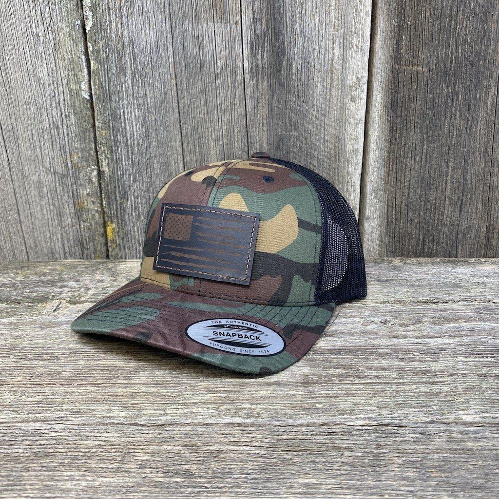 HAND SEWN BLACK DISTRESSED FLAG LEATHER PATCH HAT - FLEXFIT SNAPBACK Leather Patch Hats Hells Canyon Designs BDU/multi-cam