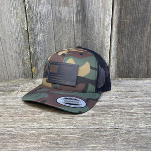 HAND SEWN BLACK DISTRESSED FLAG LEATHER PATCH HAT - FLEXFIT SNAPBACK Leather Patch Hats Hells Canyon Designs BDU/multi-cam