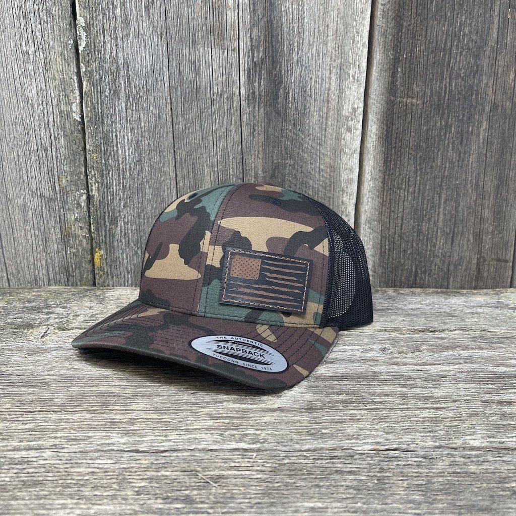 HAND SEWN BLACK DISTRESSED FLAG LEATHER PATCH HAT - FLEXFIT SNAPBACK Leather Patch Hats Hells Canyon Designs BDU/multi-cam