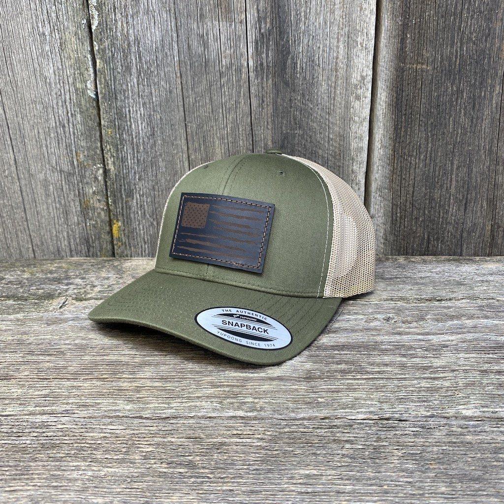 HAND SEWN BLACK DISTRESSED FLAG LEATHER PATCH HAT - FLEXFIT SNAPBACK Leather Patch Hats Hells Canyon Designs Moss/Khaki