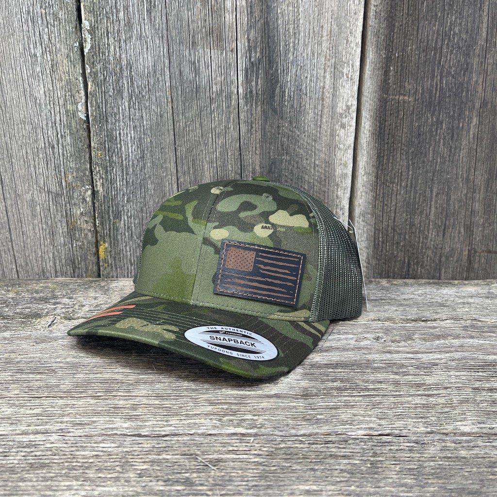 HAND SEWN BLACK DISTRESSED FLAG LEATHER PATCH HAT - FLEXFIT SNAPBACK Leather Patch Hats Hells Canyon Designs Tropical/Multi-cam