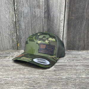 HAND SEWN BLACK DISTRESSED FLAG LEATHER PATCH HAT - FLEXFIT SNAPBACK Leather Patch Hats Hells Canyon Designs Tropical/Multi-cam