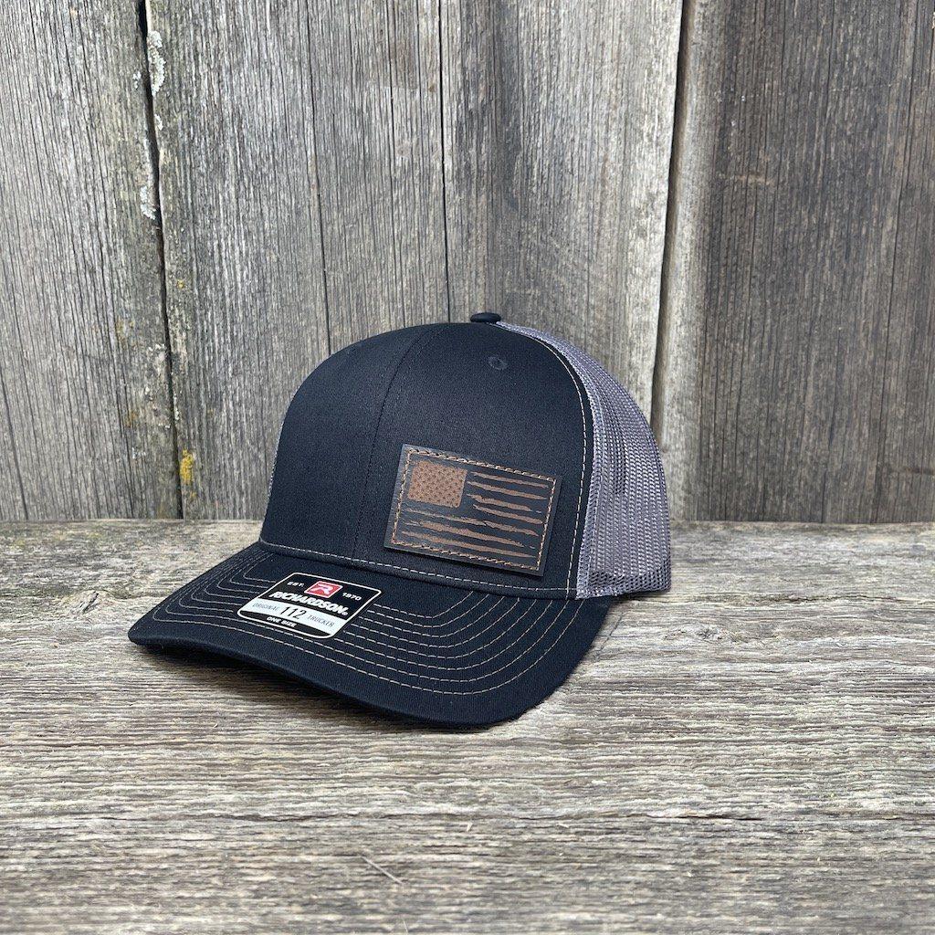HAND SEWN BLACK DISTRESSED FLAG LEATHER PATCH HAT - RICHARDSON 112 Leather Patch Hats Hells Canyon Designs # Black/Charcoal