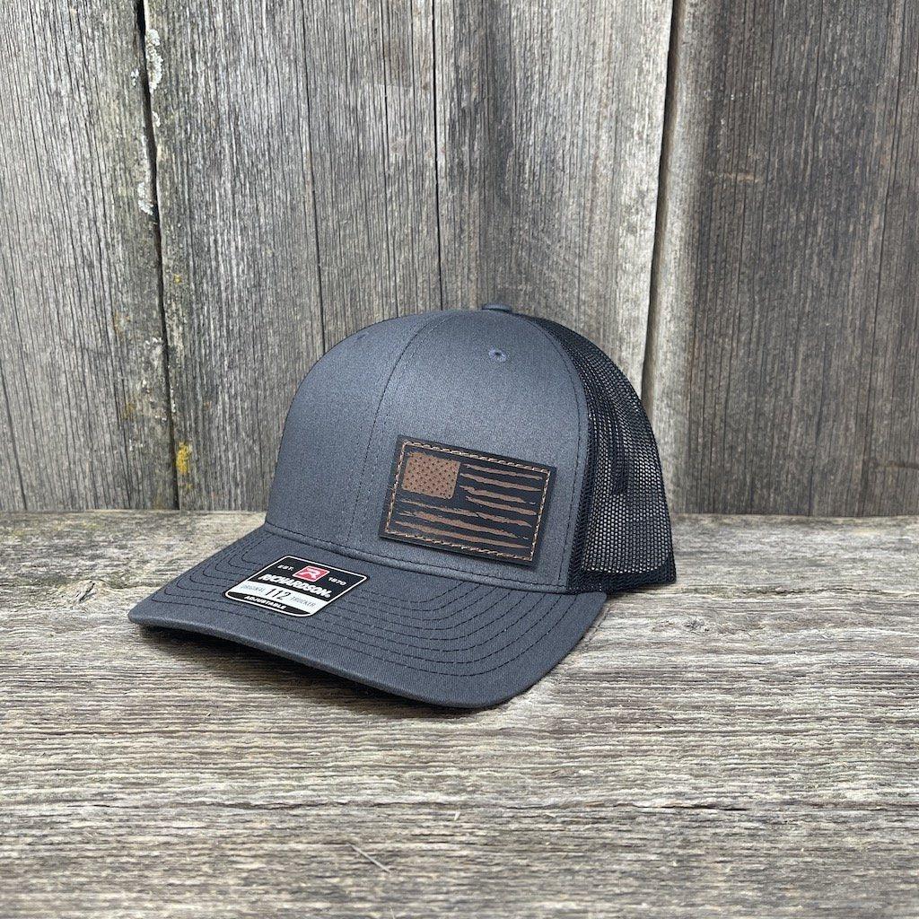 HAND SEWN BLACK DISTRESSED FLAG LEATHER PATCH HAT - RICHARDSON 112 Leather Patch Hats Hells Canyon Designs # Charcoal/Black