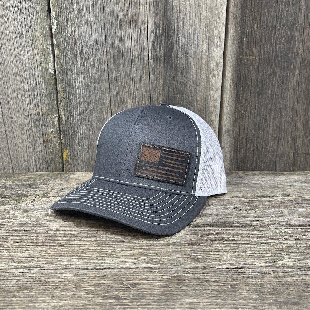HAND SEWN BLACK DISTRESSED FLAG LEATHER PATCH HAT - RICHARDSON 112 Leather Patch Hats Hells Canyon Designs # Charcoal/White