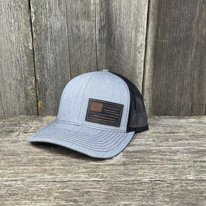 HAND SEWN BLACK DISTRESSED FLAG LEATHER PATCH HAT - RICHARDSON 112 Leather Patch Hats Hells Canyon Designs # Heather/Black