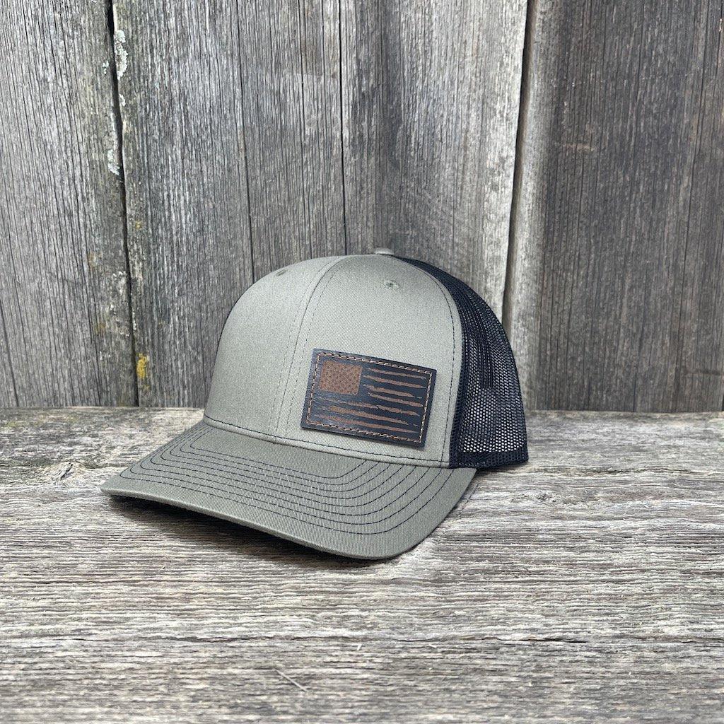 HAND SEWN BLACK DISTRESSED FLAG LEATHER PATCH HAT - RICHARDSON 112 Leather Patch Hats Hells Canyon Designs # Loden/Black
