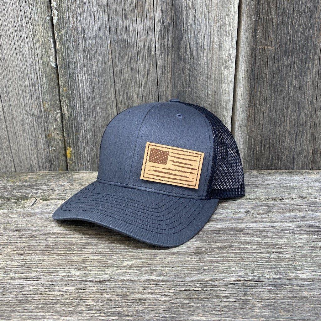 HAND SEWN DISTRESSED FLAG LEATHER PATCH HAT - RICHARDSON 112 Leather Patch Hats Hells Canyon Designs # Charcoal/Black