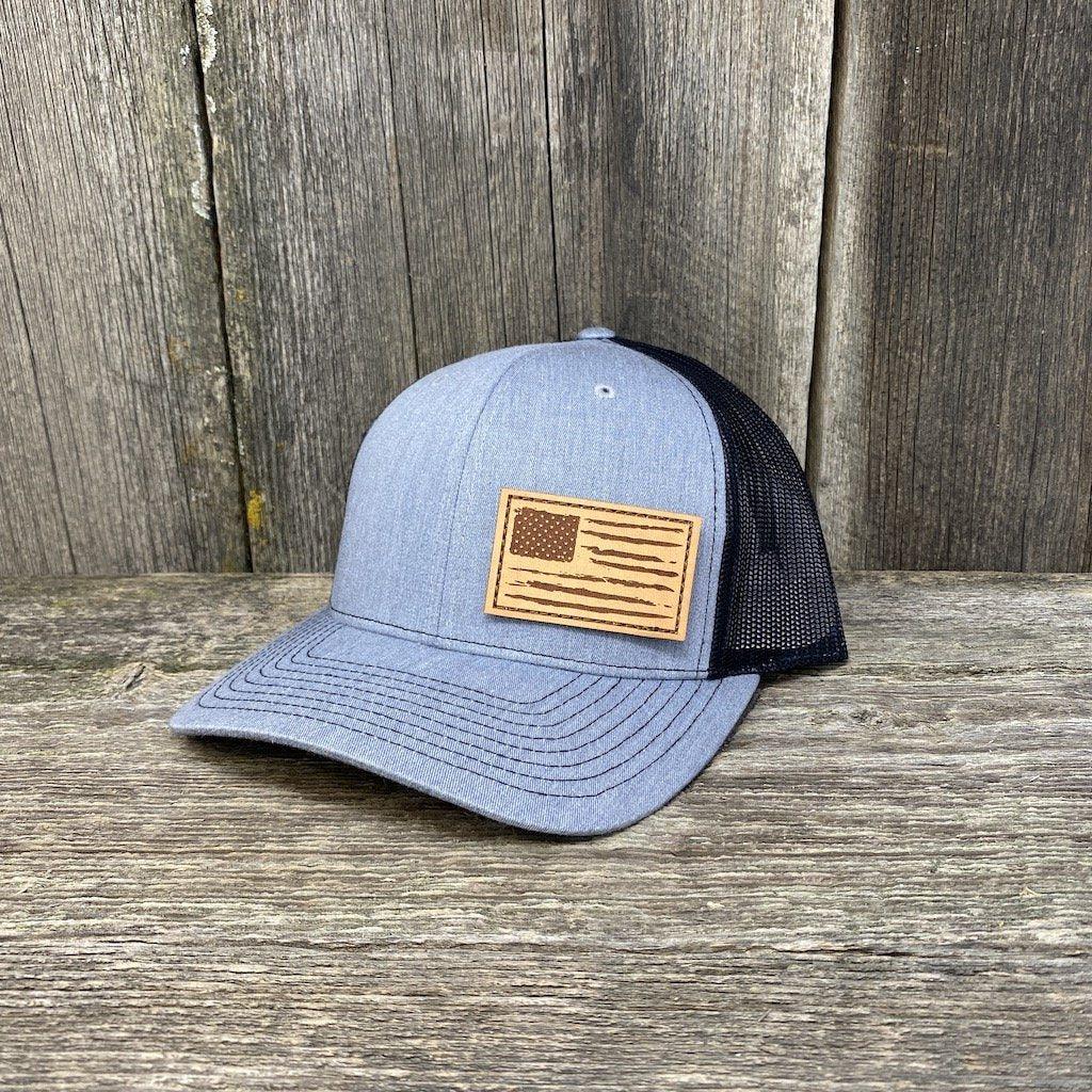 HAND SEWN DISTRESSED FLAG LEATHER PATCH HAT - RICHARDSON 112 Leather Patch Hats Hells Canyon Designs # Heather Grey/Black