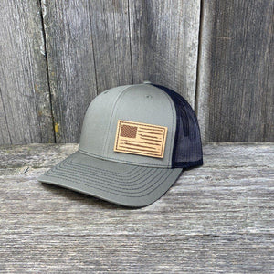 HAND SEWN DISTRESSED FLAG LEATHER PATCH HAT - RICHARDSON 112 Leather Patch Hats Hells Canyon Designs # Loden/Black