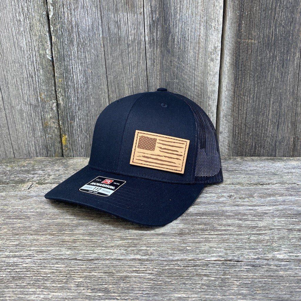 HAND SEWN DISTRESSED FLAG LEATHER PATCH HAT - RICHARDSON 112 Leather Patch Hats Hells Canyon Designs # Solid Black