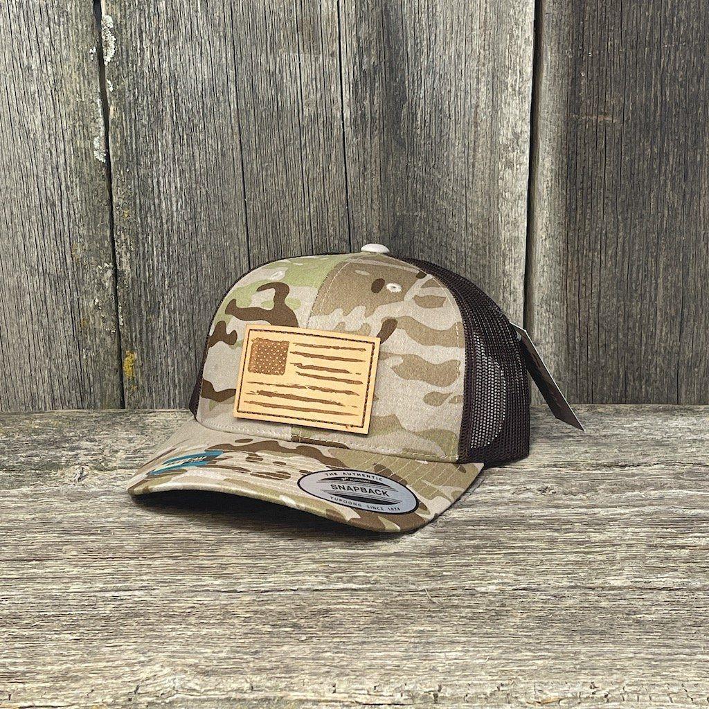 HAND SEWN DISTRESSED NATURAL FLAG LEATHER PATCH HAT - FELXFIT SNAPBACK Leather Patch Hats Hells Canyon Designs # Arid/Brown Multicam