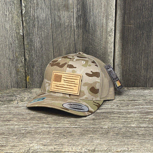 HAND SEWN DISTRESSED NATURAL FLAG LEATHER PATCH HAT - FELXFIT SNAPBACK Leather Patch Hats Hells Canyon Designs # Arid/Tan Multicam