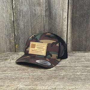 HAND SEWN DISTRESSED NATURAL FLAG LEATHER PATCH HAT - FELXFIT SNAPBACK Leather Patch Hats Hells Canyon Designs # BDU/Black