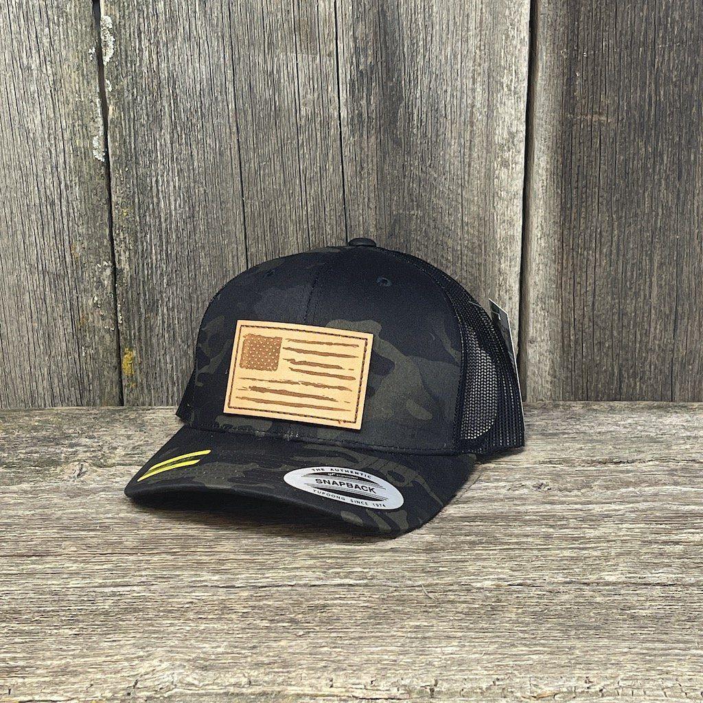 HAND SEWN DISTRESSED NATURAL FLAG LEATHER PATCH HAT - FELXFIT SNAPBACK Leather Patch Hats Hells Canyon Designs # Black Multicam