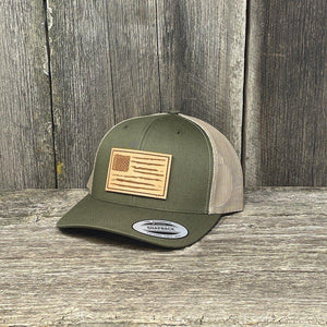 HAND SEWN DISTRESSED NATURAL FLAG LEATHER PATCH HAT - FELXFIT SNAPBACK Leather Patch Hats Hells Canyon Designs # Moss/Khaki