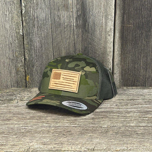 HAND SEWN DISTRESSED NATURAL FLAG LEATHER PATCH HAT - FELXFIT SNAPBACK Leather Patch Hats Hells Canyon Designs # Tropical Multicam
