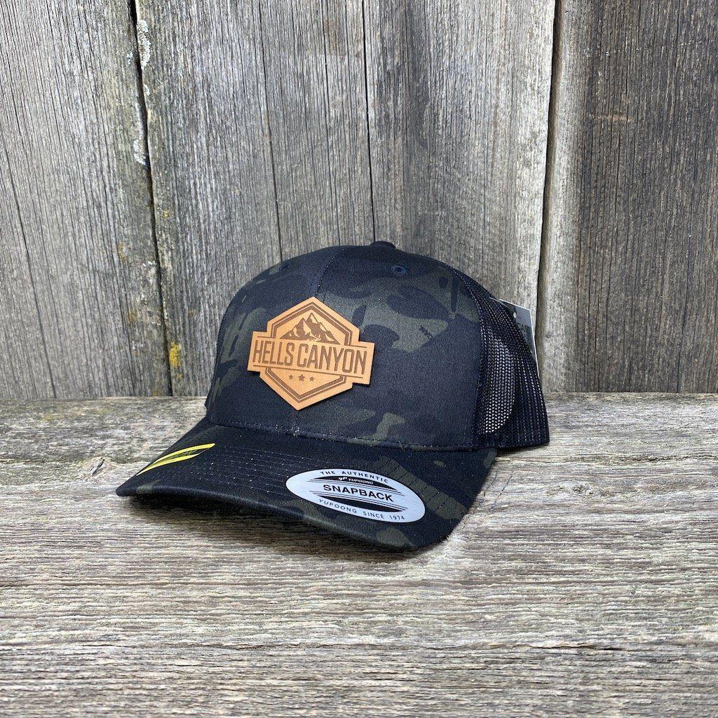 HELLS CANYON LEATHER PATCH HAT - FLEXFIT Leather Patch Hats Hells Canyon Designs # Black Multi-cam