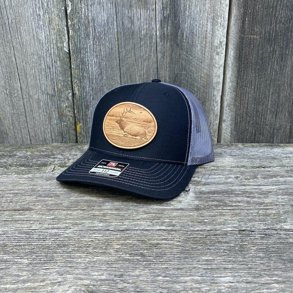 RIVER ELK LEATHER PATCH HAT - RICHARDSON 112 Leather Patch Hats Hells Canyon Designs # Black/Charcoal