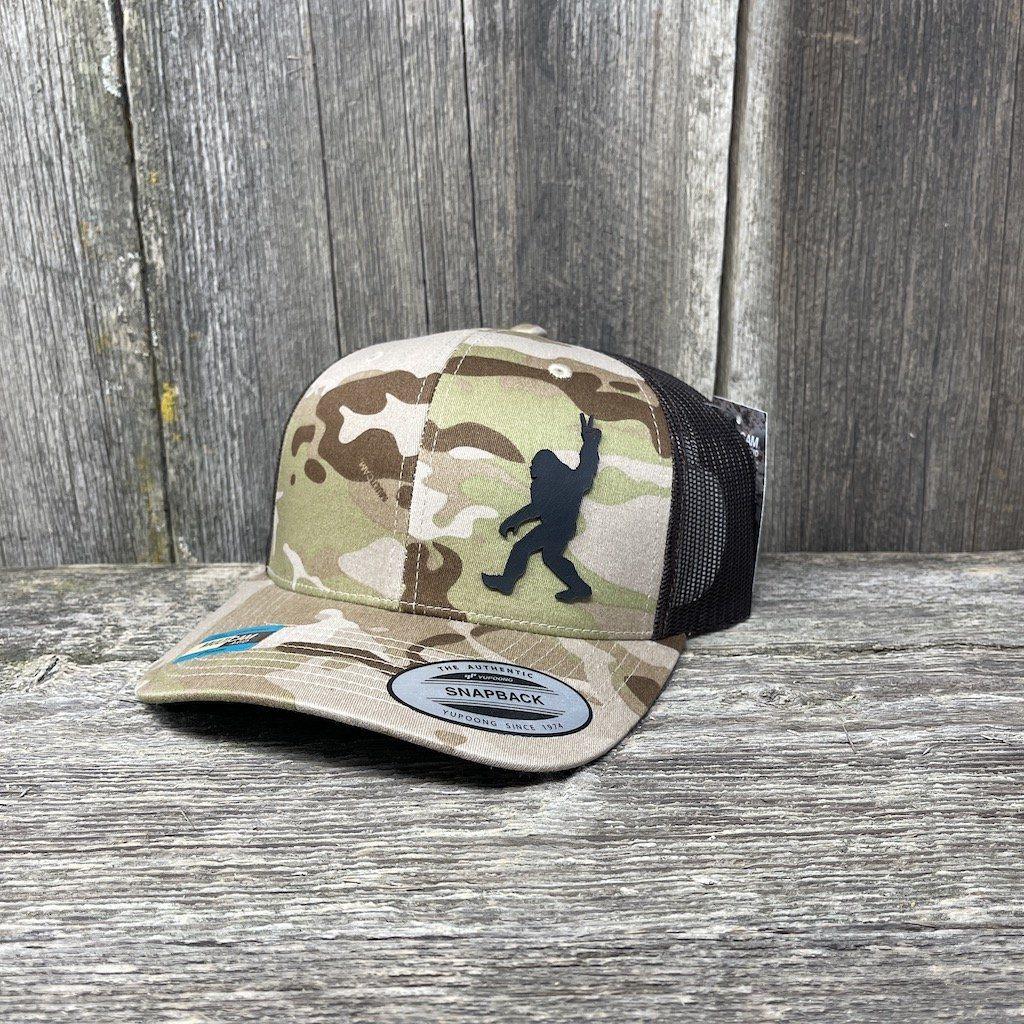 SASQUATCH BLACK LEATHER PEACE PATCH - FLEXFIT SNAPBACK Leather Patch Hats Hells Canyon Designs # Arid/Brown Multi-cam