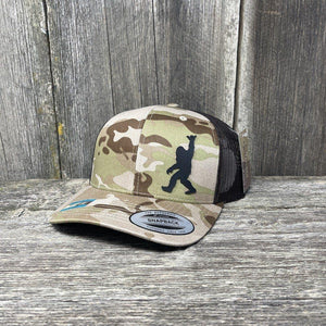 SASQUATCH BLACK LEATHER SHAKA PATCH - FLEXFIT-SNAPBACK Leather Patch Hats Hells Canyon Designs # Arid/Brown Multi-cam