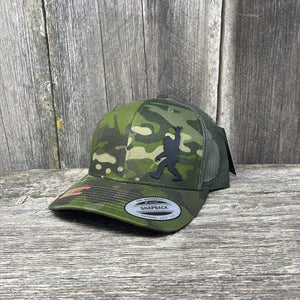 SASQUATCH BLACK LEATHER SHAKA PATCH - FLEXFIT-SNAPBACK Leather Patch Hats Hells Canyon Designs # Tropical Multi-cam