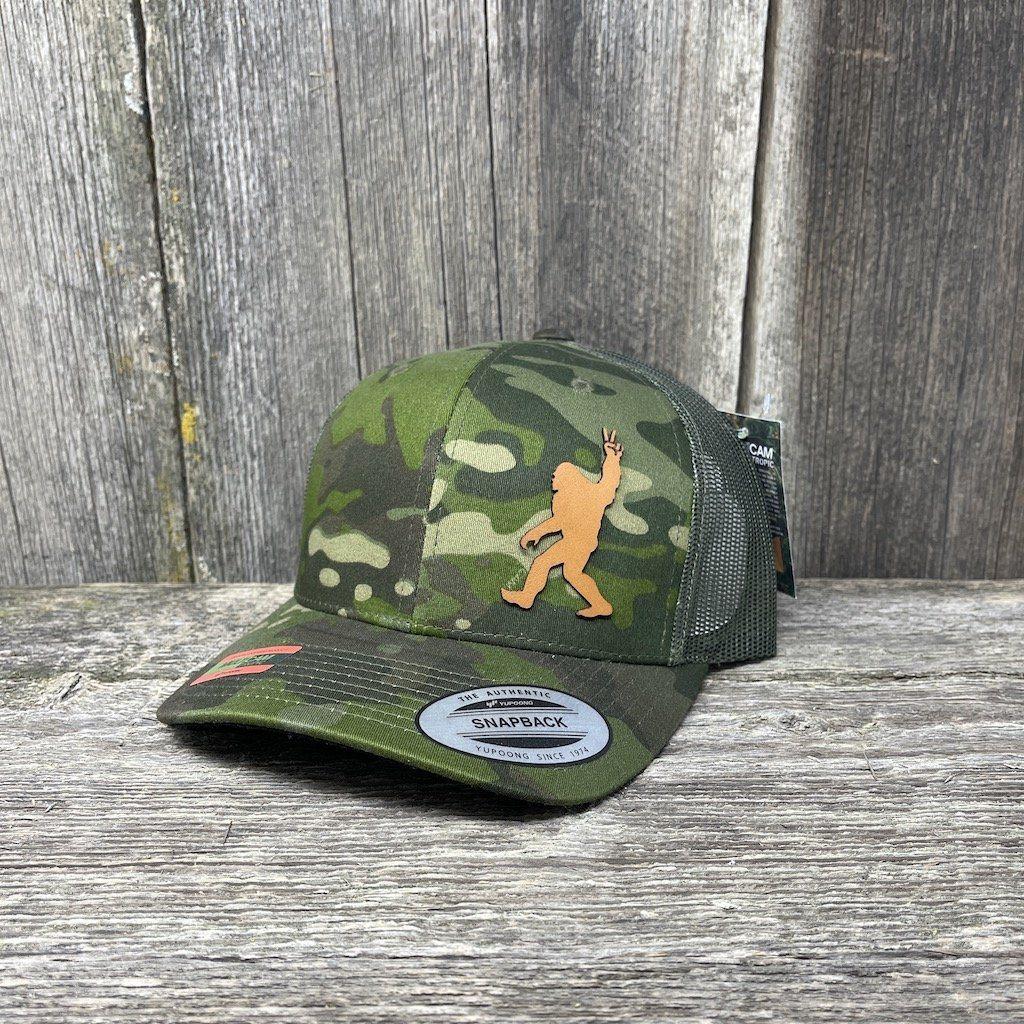 SASQUATCH CHESTNUT LEATHER PEACE PATCH - FLEXFIT-SNAPBACK Leather Patch Hats Hells Canyon Designs # Tropical Multi-cam