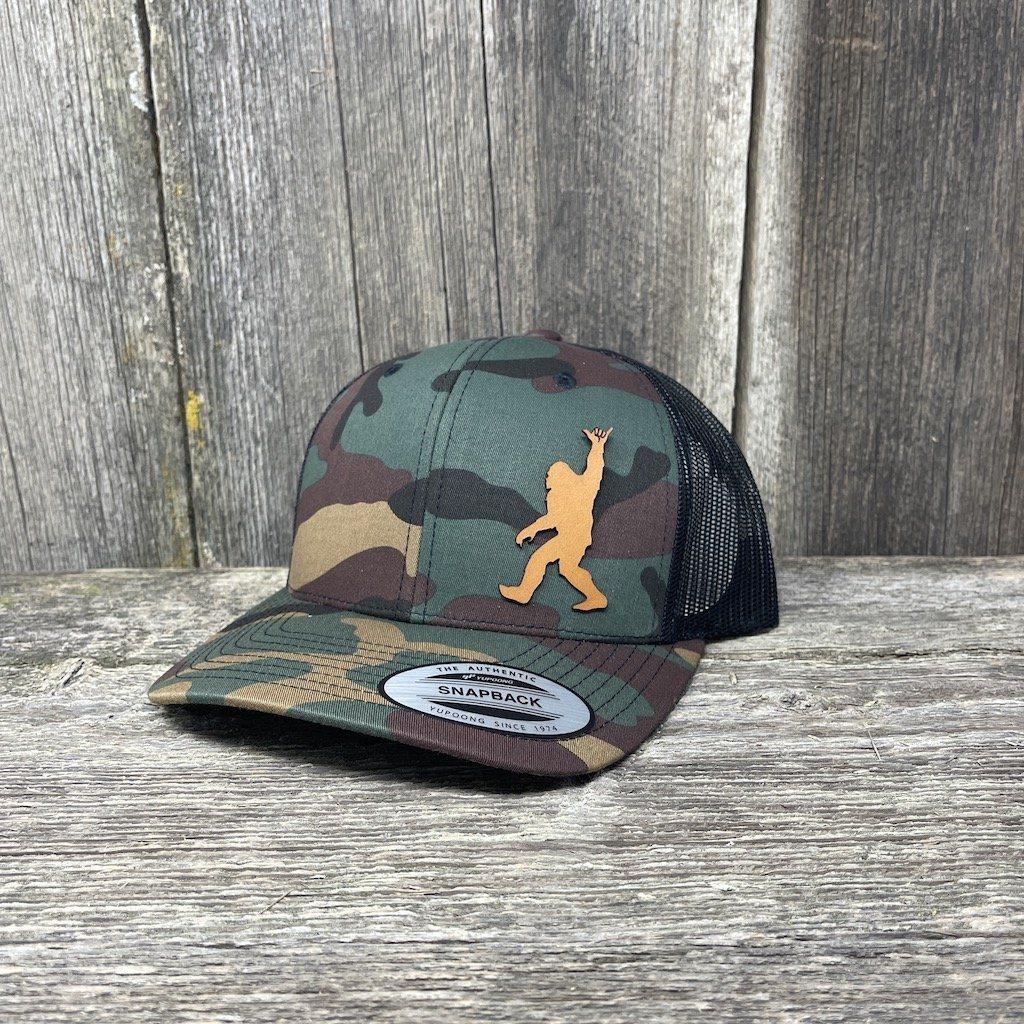 SASQUATCH CHESTNUT LEATHER SHAKA PATCH - FLEXFIT-SNAPBACK Leather Patch Hats Hells Canyon Designs #BDU/Black