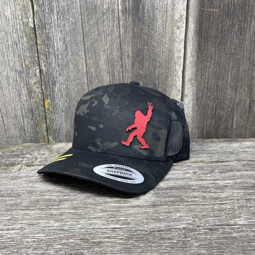 SASQUATCH RED LEATHER PEACE PATCH - FLEXFIT-SNAPBACK Leather Patch Hats Hells Canyon Designs Black Multicam