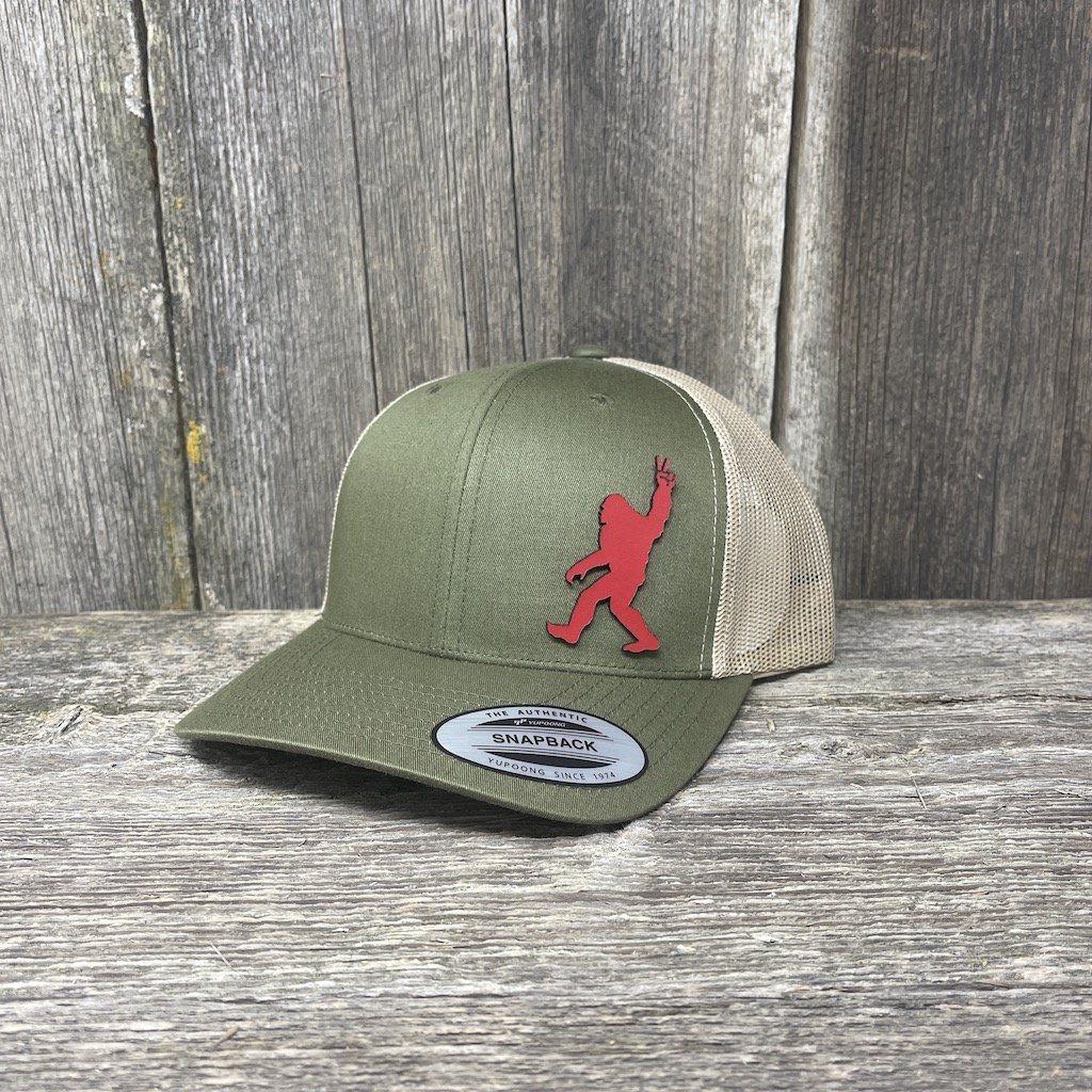 SASQUATCH RED LEATHER PEACE PATCH - FLEXFIT-SNAPBACK Leather Patch Hats Hells Canyon Designs Loden/Tan