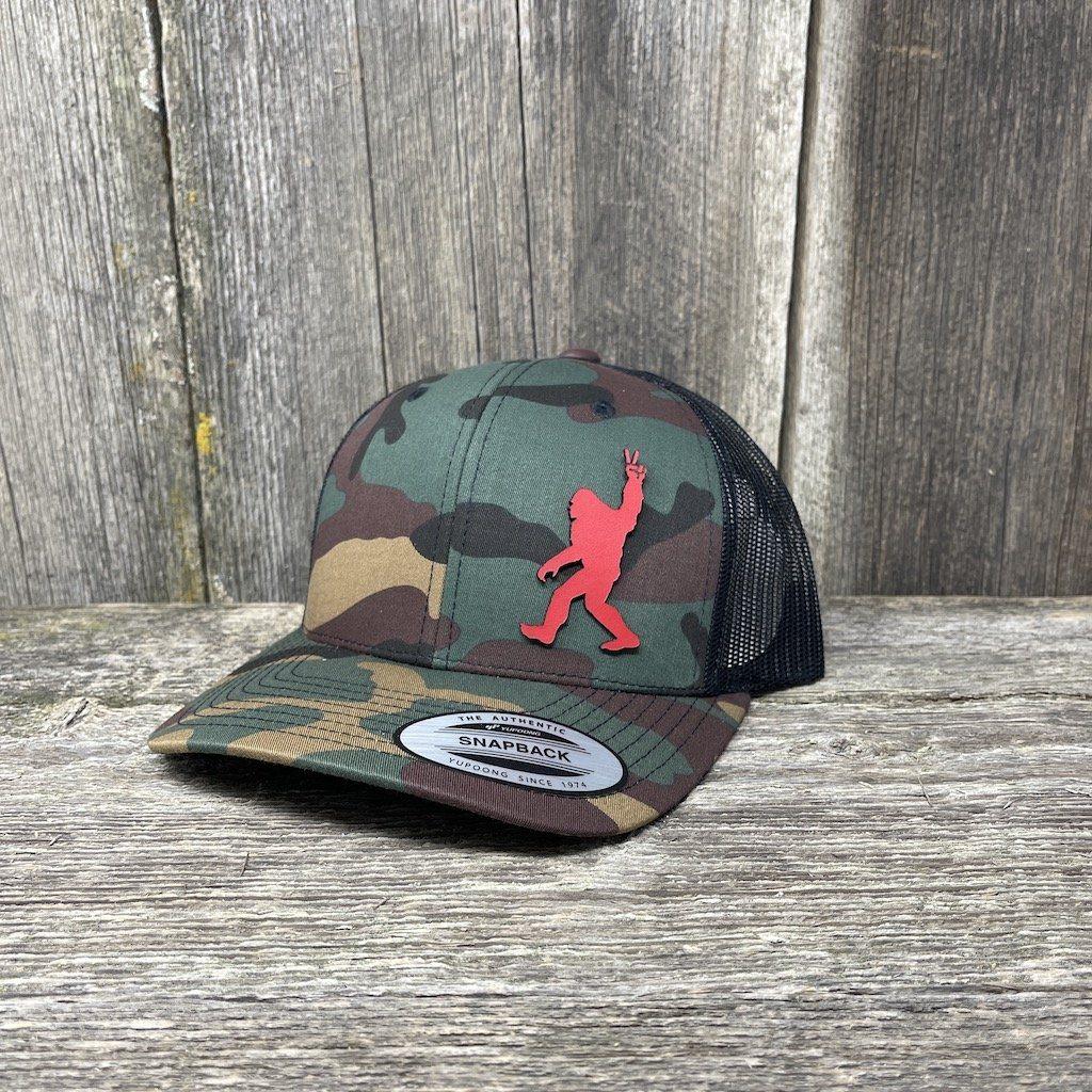 SASQUATCH RED LEATHER PEACE PATCH - FLEXFIT-SNAPBACK Leather Patch Hats Hells Canyon Designs Tropical Multicam